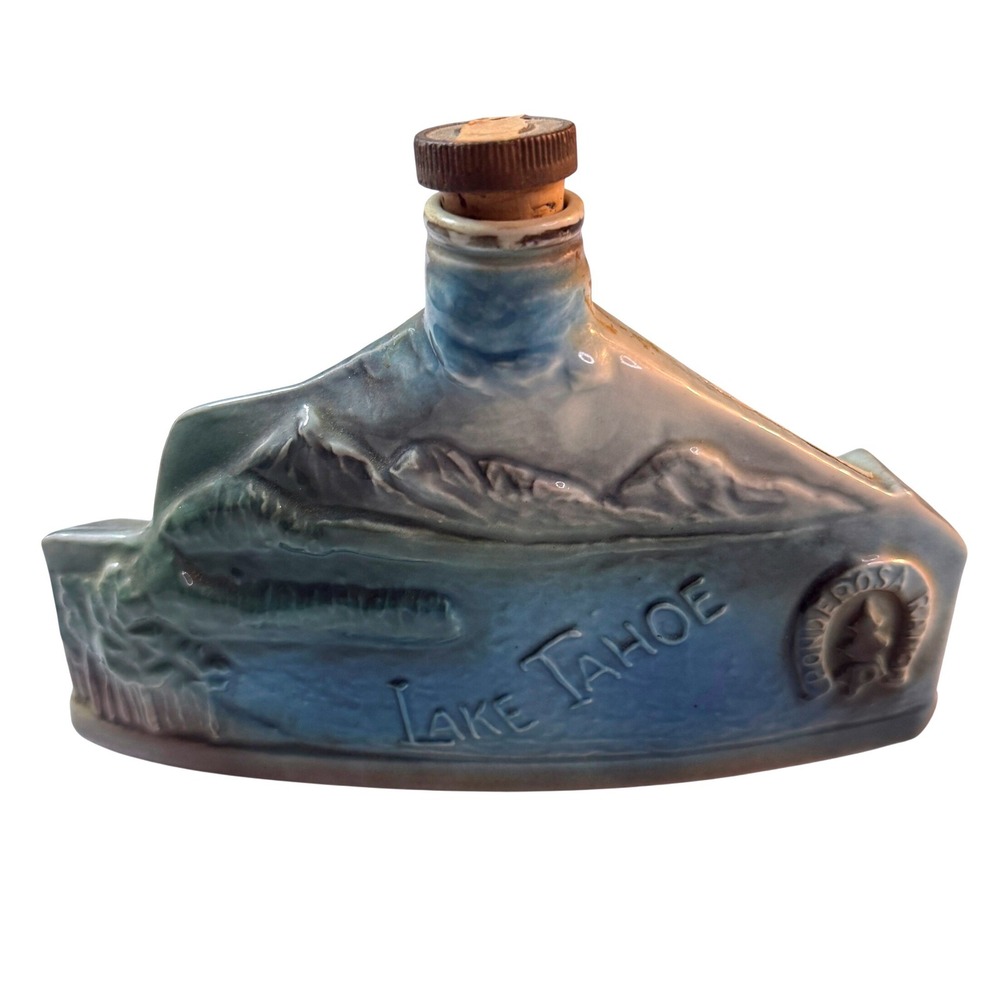 Vintage Ponderosa Ranch Lake Tahoe Decanter Nevada Blue Ceramic MCM Barware